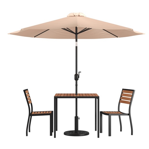 Merrick Lane Five Piece Faux Teak Patio Dining Set Table Two Armless Stacking Club Chairs 9 x27 Gray Umbrella And Base