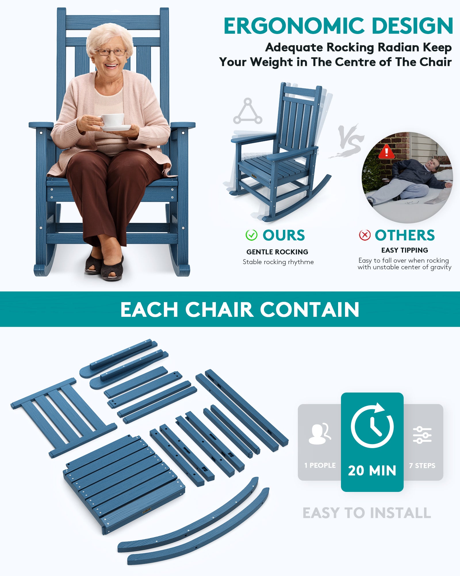 SERWALL Outdoor Oversized Slat Rocking Chair, Blue, HDPE