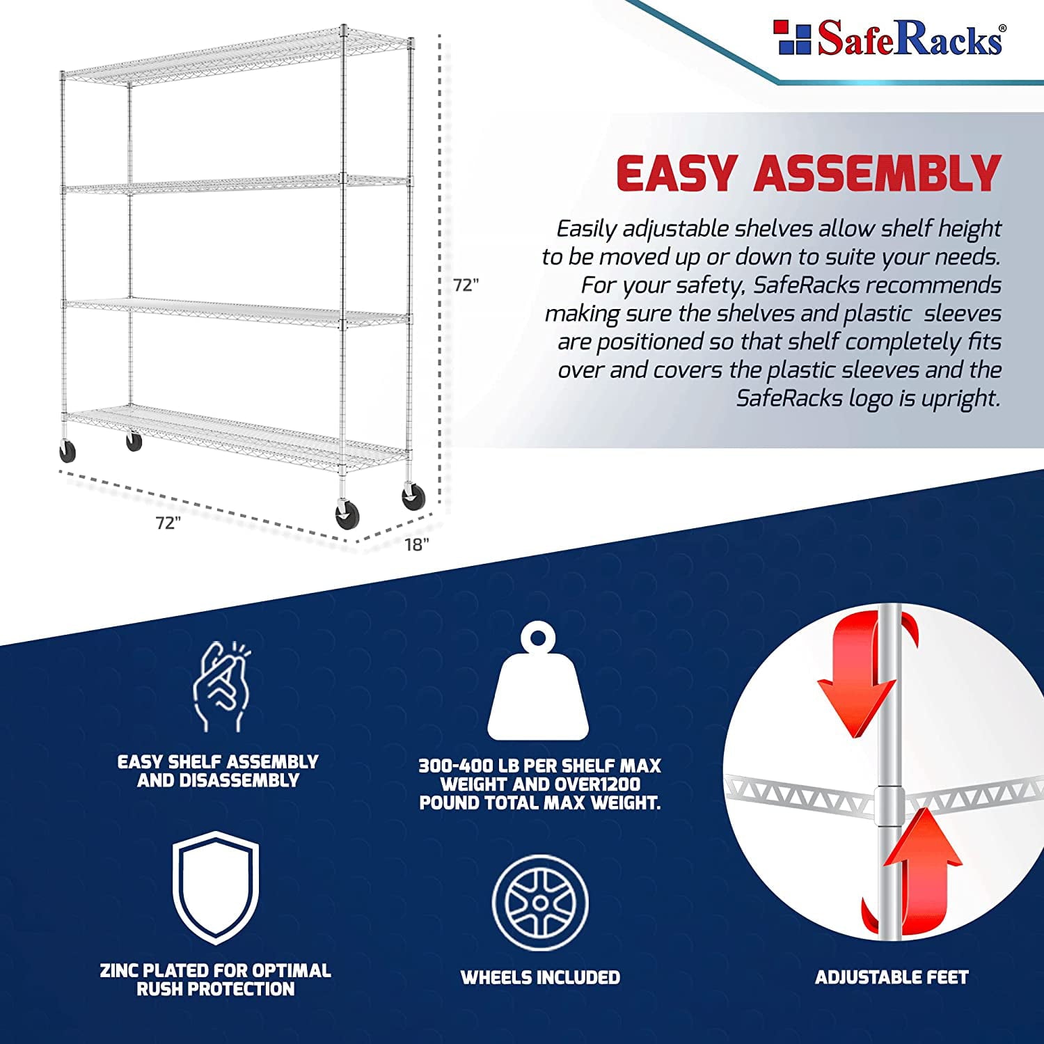 SafeRacks NSF Certified 4-Tier Steel Wire Shelving with Adjustable Shelves and Wheels - 1400 lb Capacity - 60