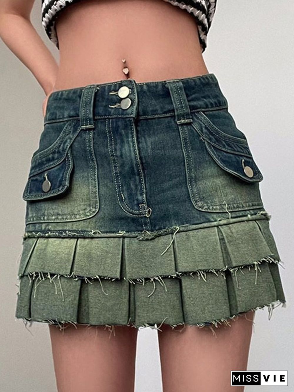 High Waist Colorblock Pleated Denim Mini Skirts