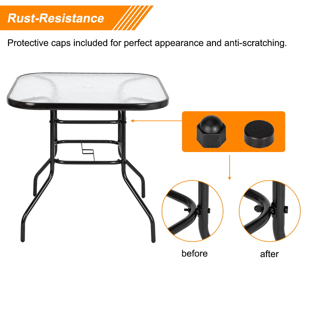 VINGLI 32 Outdoor Dining Table with Umbrella Hole Coffee Side Table, Square Tempered Glass Bistro Table Steel Frame, Outside Banquet Furniture for Balcony Garden Deck Lawn