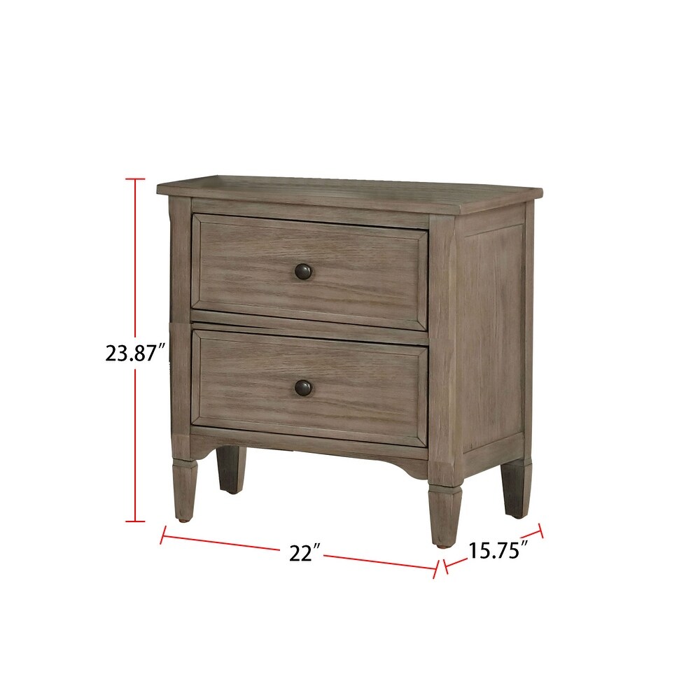 2 Drawers Nightstand with Round Pull Knobs  Wire Brushed Warm Gray
