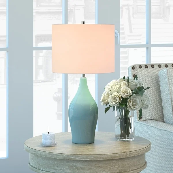 Niklas Ceramic Table Lamp in Teal Blue and Taupe with Linen Shade