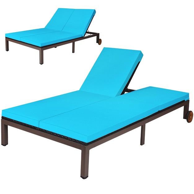 Costway 2 person Patio Rattan Lounge Chair Chaise Recliner Adjustable Cushion Turquoise