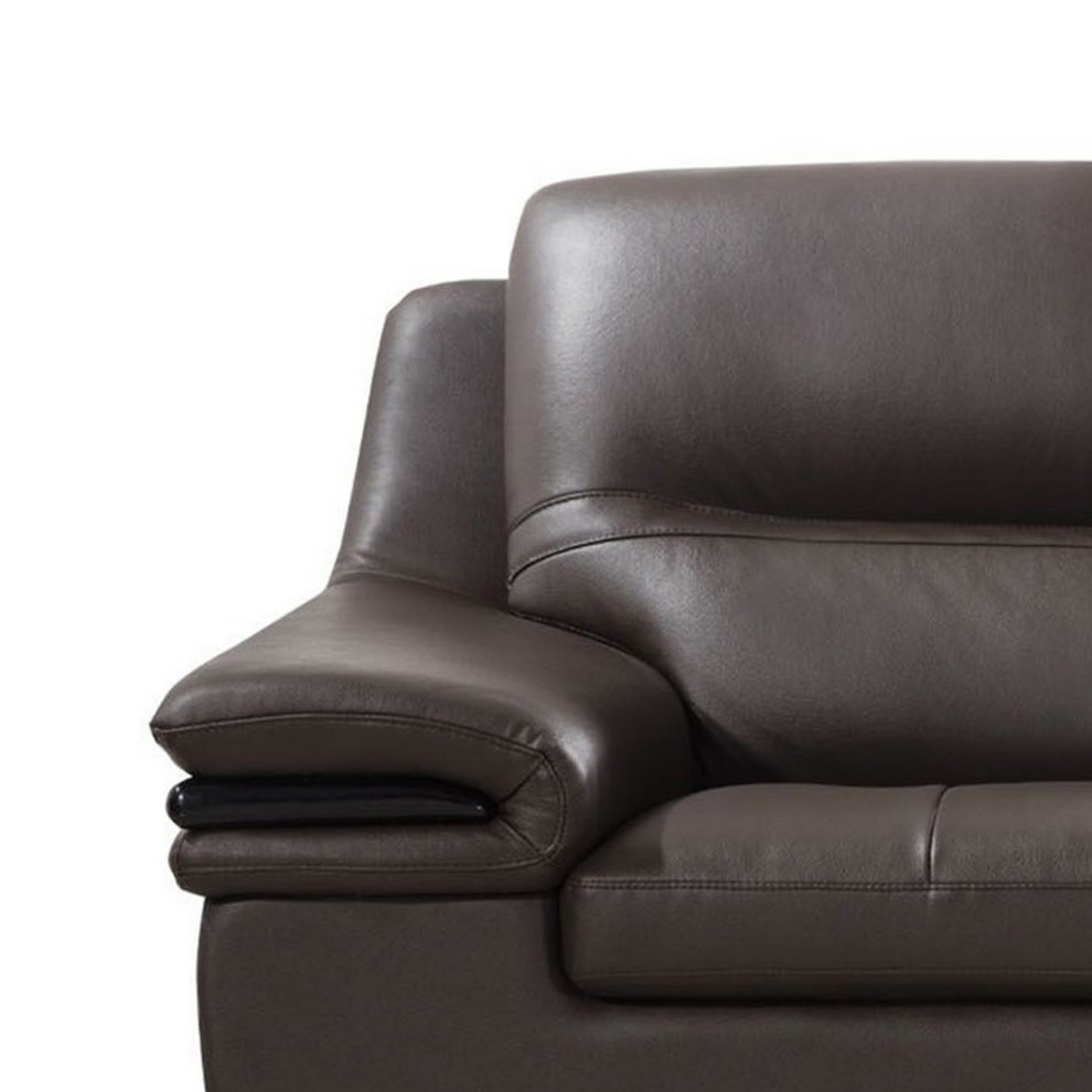 Contemporary Leather Loveseat With Wooden Trim Armrest And Block Feet Brown   Contemporary   Loveseats   by VirVentures  Houzz