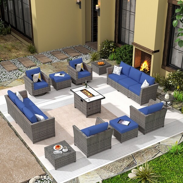 HOOOWOOO 16piece Outdoor Patio Grey Wicker Rattan Furniture Sectional Set with Fire Pit Table