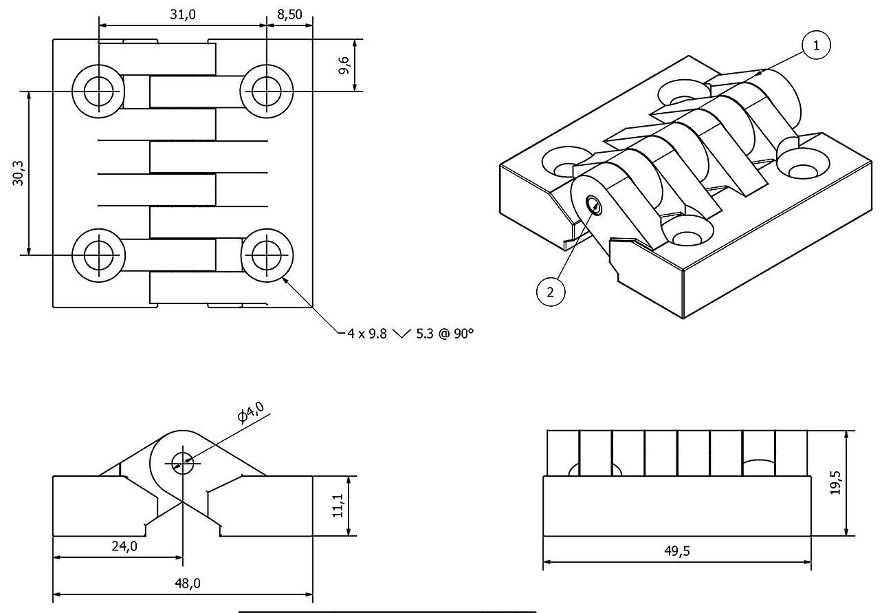 Black Polyamide Hinge Reinforced Plastic 48x49mm Italian Made Industrial Quality