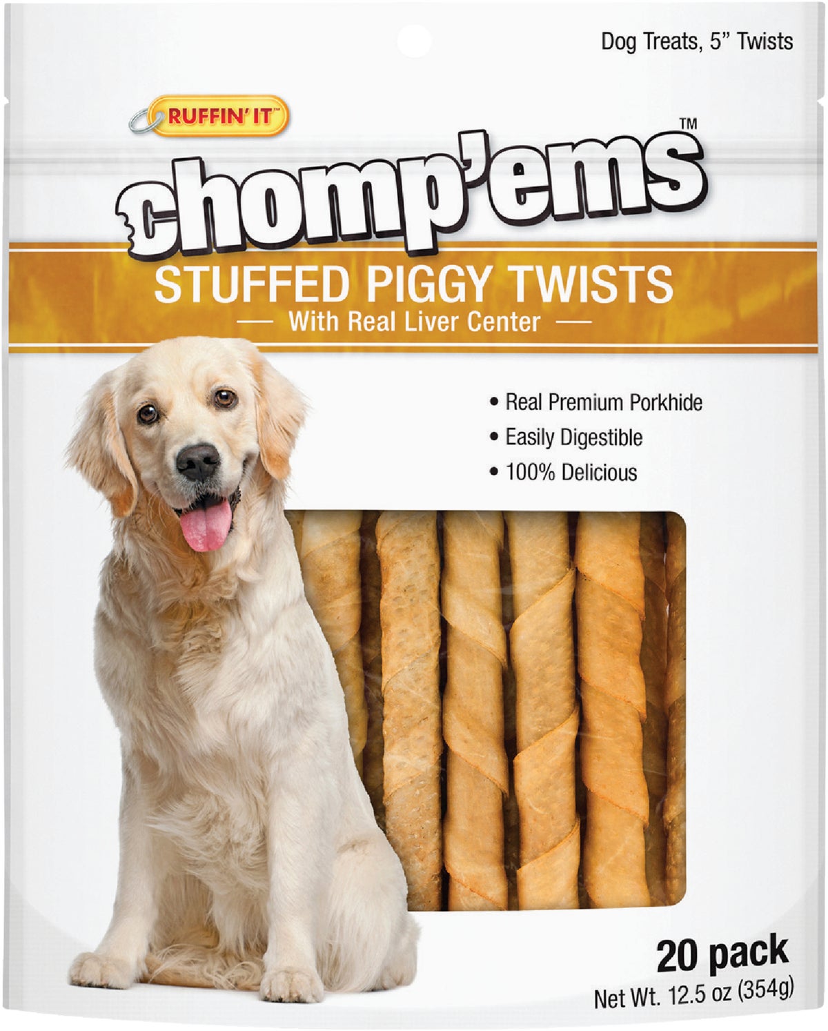 Ruffinand#039 it Chompand#039ems Stuffed Piggy Twist Dog Treat 20-Pack