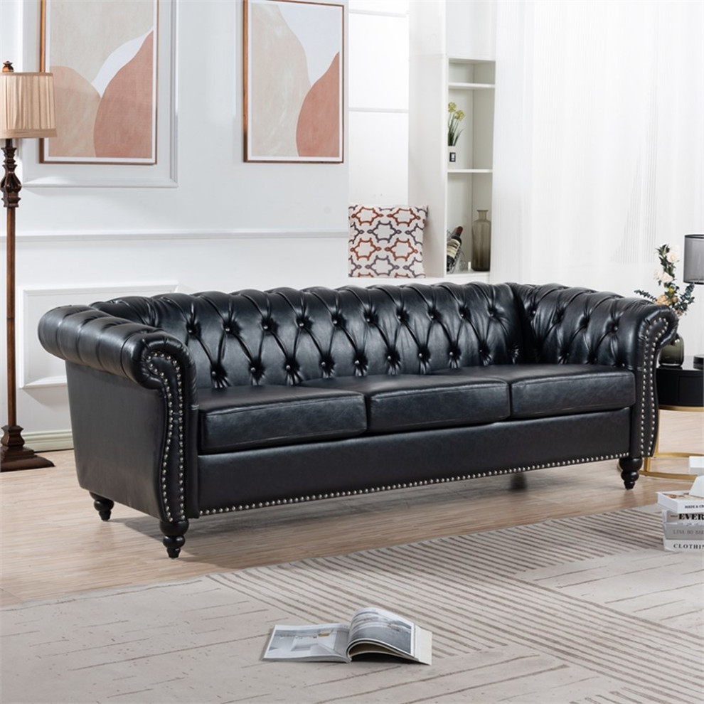 CRO Decor 84  x27BROWN PU Rolled Arm Chesterfield Three Seater Sofa Black   Traditional   Sofas   by Homesquare  Houzz