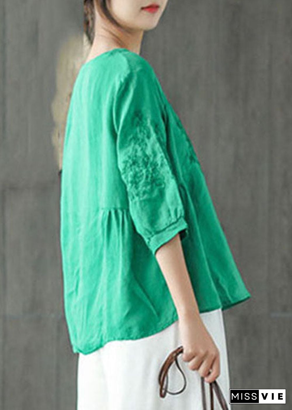 Green Loose Blouse Tops wrinkled Half Sleeve