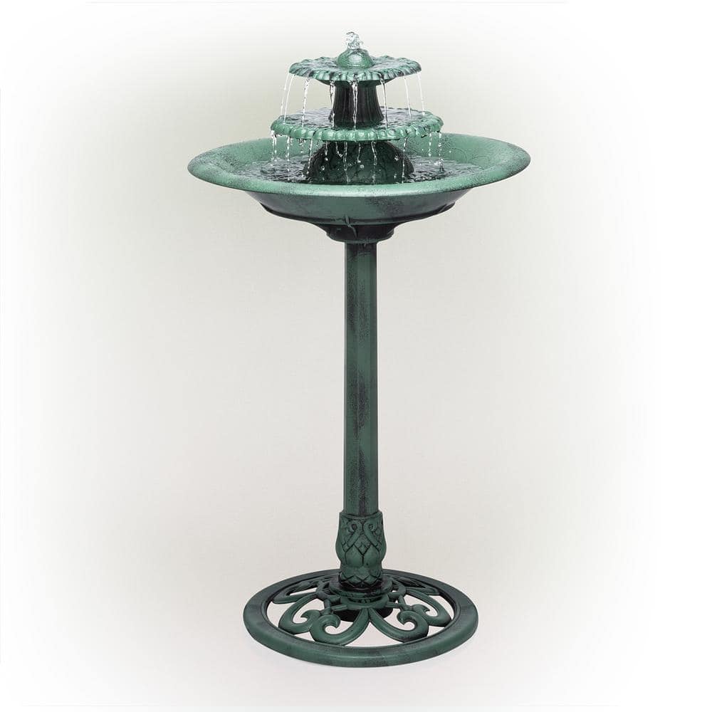 Alpine Corporation 35 in. Tall Outdoor 3-Tiered Pedestal Water Fountain and Birdbath, Green TEC106