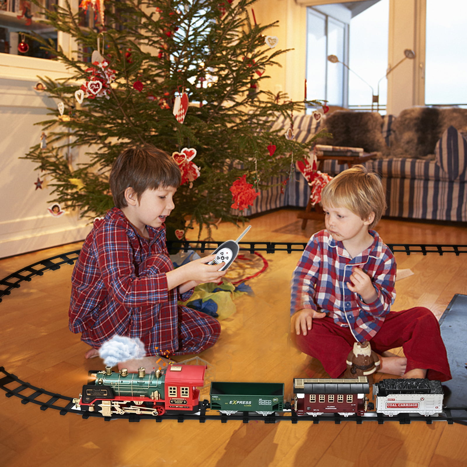 FANL Train Set Toy， RC Train Set W/ Smoke， Lights， Sounds Railway ， Rechargeable Electric Train Toy Birthday Gift Toys for Age 3 4 5 6 + Kids