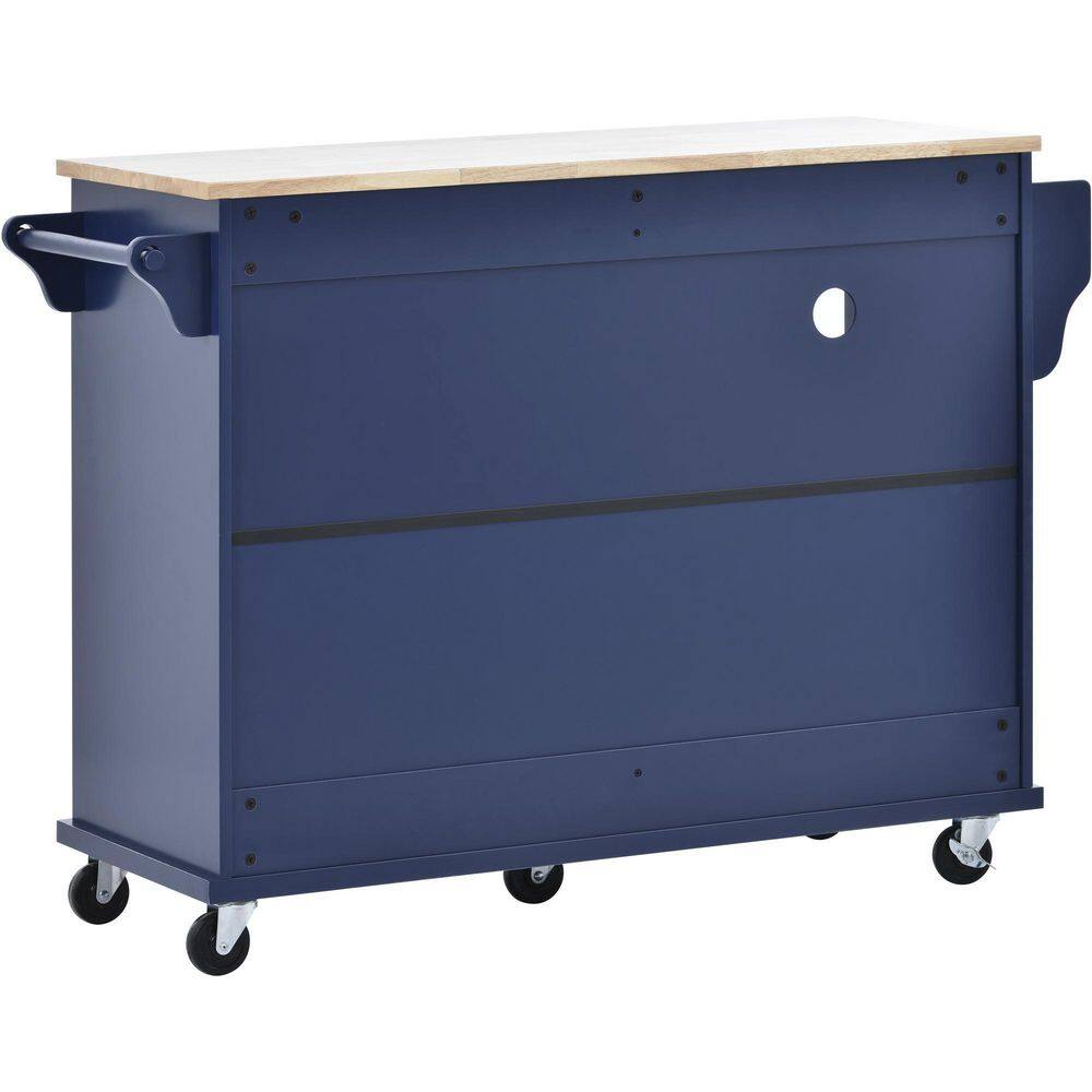 tunuo Dark Blue Rolling Kitchen Island Cart with Rubber Wood Top and Microwave Cabinet (51 in. W) SFWF-296670DB