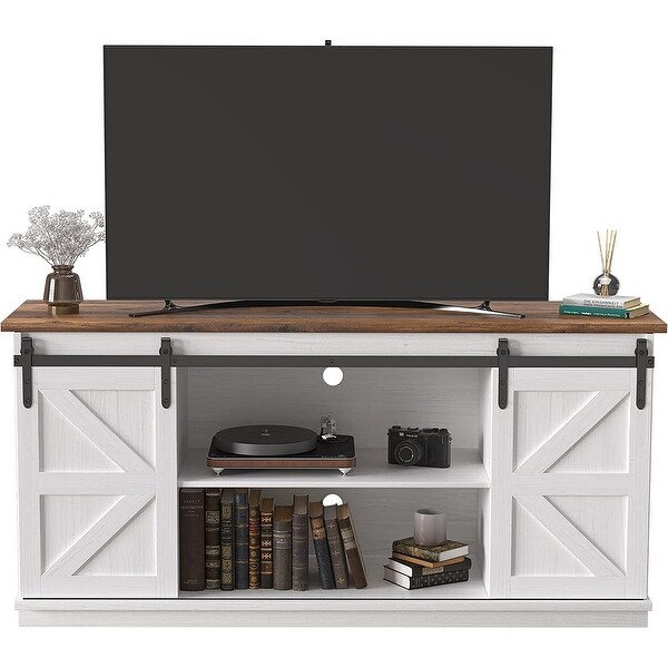 Farmhouse TV Stand up to 65 Inches， Mid Century Modern Entertainment Center with Sliding Barn Doors and Storage Cabinets