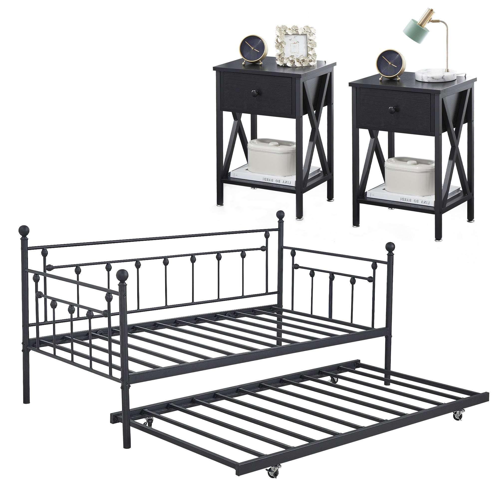 Taomika 4-Pieces Modern Bedroom Set Black Daybed with Trundle Nightstands Set of 2 - - 36002068