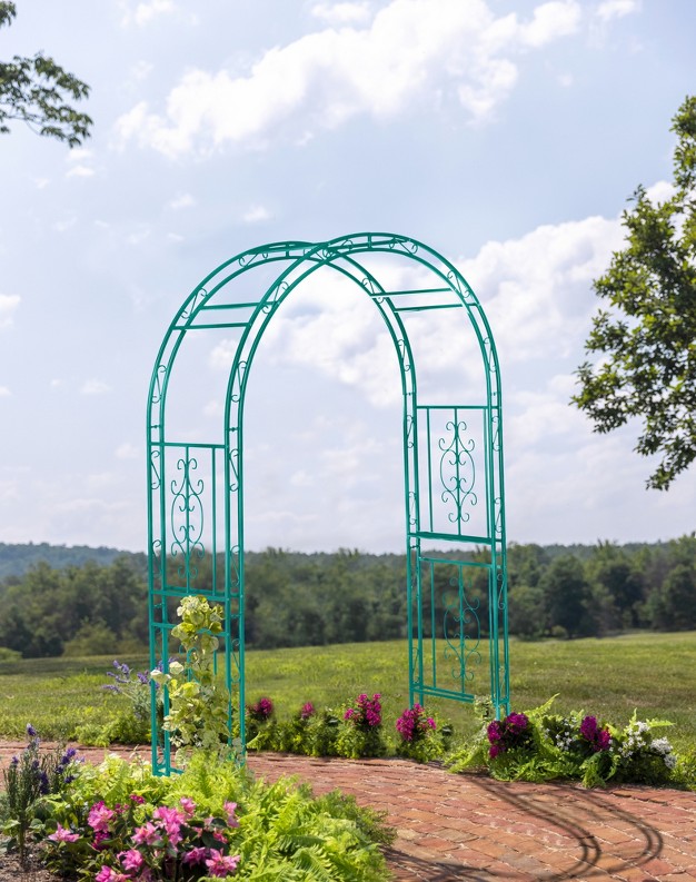 Evergreen Montebello Iron Garden Arbor Coastal Blue 53 X 84 X 23 Inches Fade And Weather Resistant Outdoor Decor