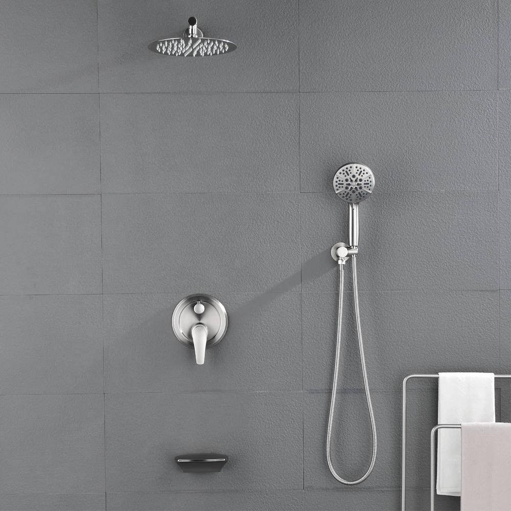 FLG Wall Mount Single-Handle 7-Spray Tub and Shower Faucet with 10 in. Rain Shower Head in Brushed Nickel (Valve Included) SS-0055-BN-10