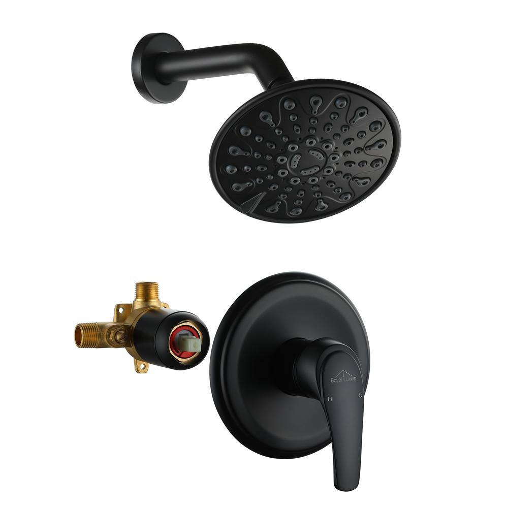 Boyel Living 6-Spray Patterns with 2.1 GPM 6 in. Wall Mount Rain Fixed Shower Head with Single Handle and Valve in Matte Black SMD-88011B