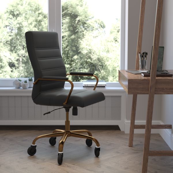 Whitney High Back Black LeatherSoft Executive Swivel Office Chair with Gold Frame， Arms， and Transparent Roller Wheels