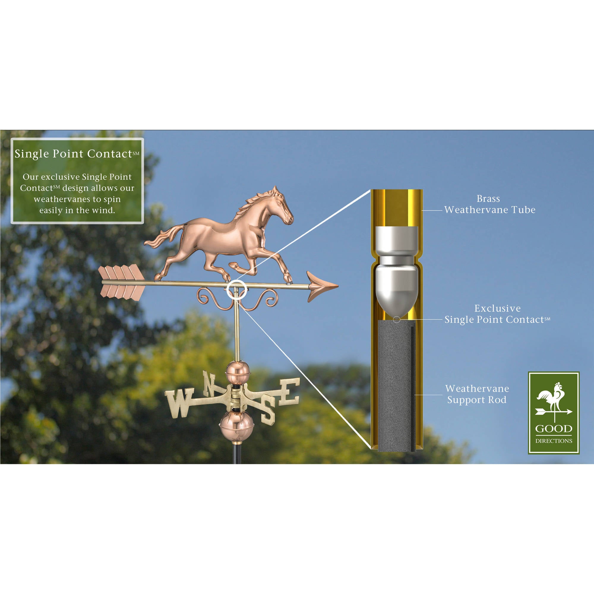 Good Directions Galloping Horse Weathervane， Polished Copper - 24