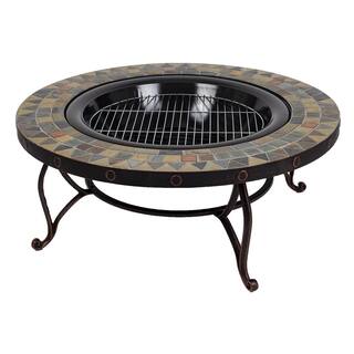 Pleasant Hearth Juniper Slate Top 34 in. W x 19.6 in. H Round Steel Wood Burning Rubbed Bronze Fire Pit OFW707RI