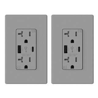 ELEGRP 25-Watt 20 Amp Type C and Type A USB Duplex Outlet Smart Chip High Speed Charging Wall Plate Included Gray (2-Pack) R1820D50AC-GR2