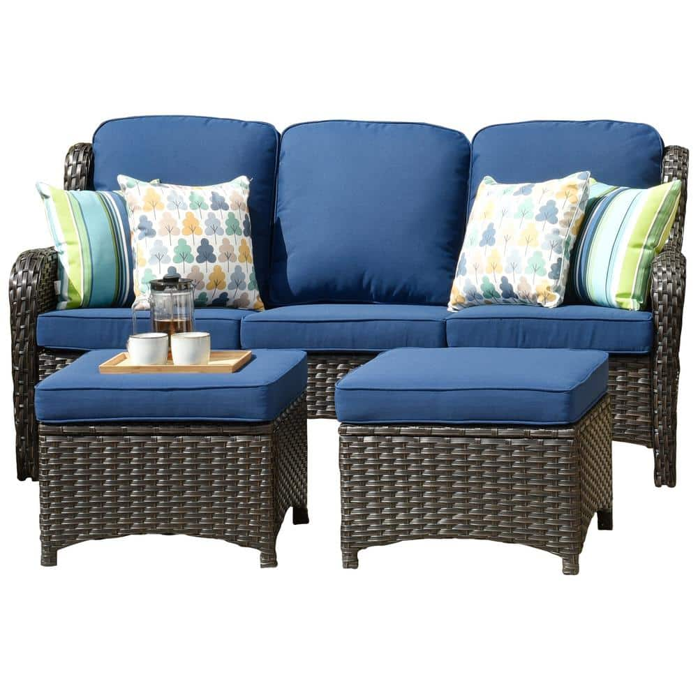 OVIOS New Kenard Brown 5-Piece Wicker Outdoor Patio Conversation Seating Set with Navy Blue Cushions NTC700