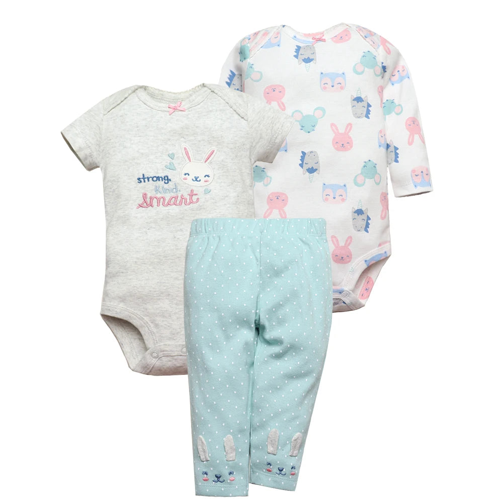 3PCS Baby Bodysuits+Pants Cotton Newborn Baby Boy Clothes Summer Cartton Baby Girl Clothing Sets 0-24 moth bebe Jumpsuit