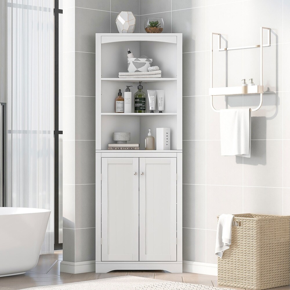 Bathroom Storage Corner Cabinet with Adjustable Shelves and Doors  Multi Functional Tall Storage Cabinet