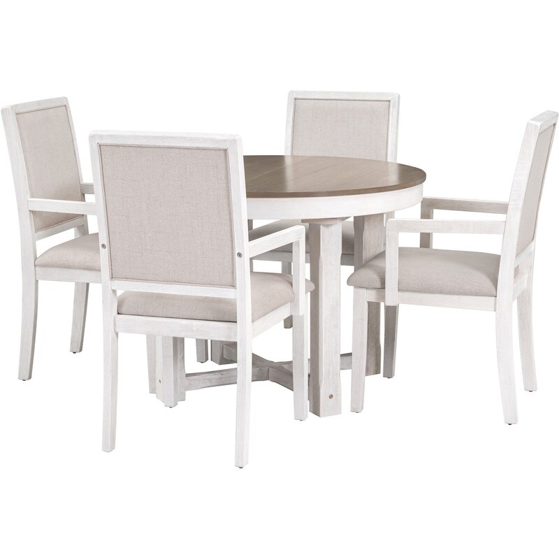 5 Piece Elegant Dining Table Set  Extendable Butterfly Leaf Wood Dining Table and 4 Upholstered Dining Chairs with Armrests