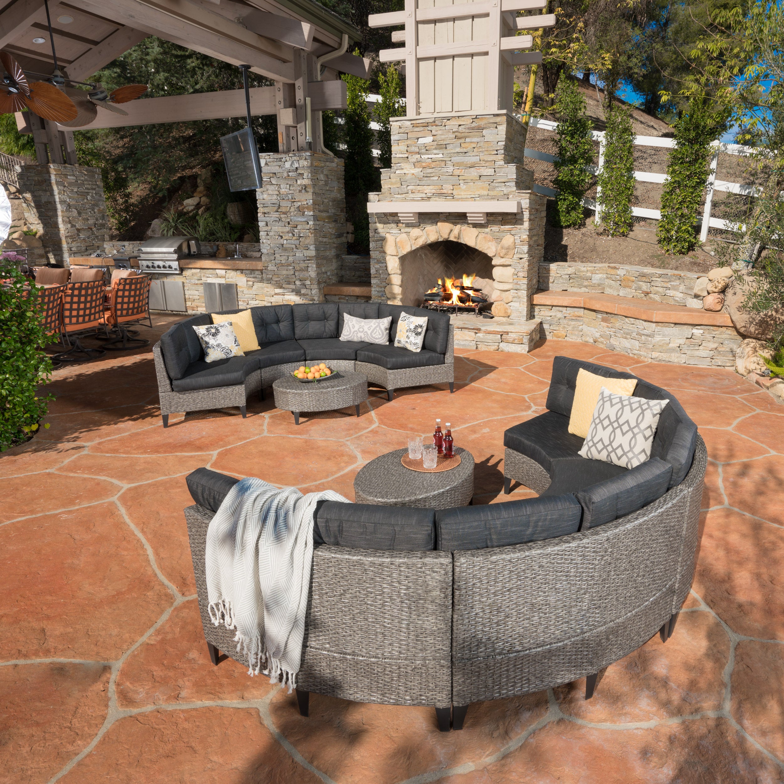 Currituck Outdoor 10 Piece Mixed Black Wicker Sofa Set with Dark Grey Water Resistant Fabric Cushions