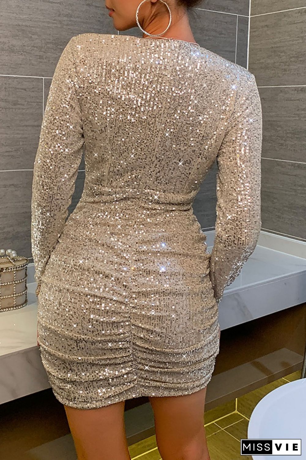 Rose Gold Sexy Patchwork Sequins Fold V Neck Long Sleeve Dresses