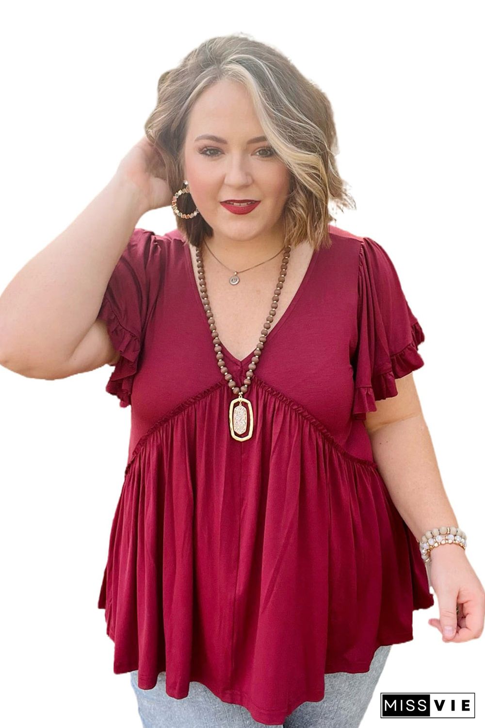 Red Plus Size V Neck Ruffle Sleeve Peplum Blouse