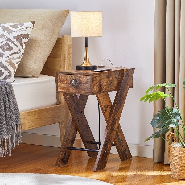 Nightstand with USB Ports End/Side Table with Charging Station Narrow Side Table for Living Room， Bedroom and Small Spaces