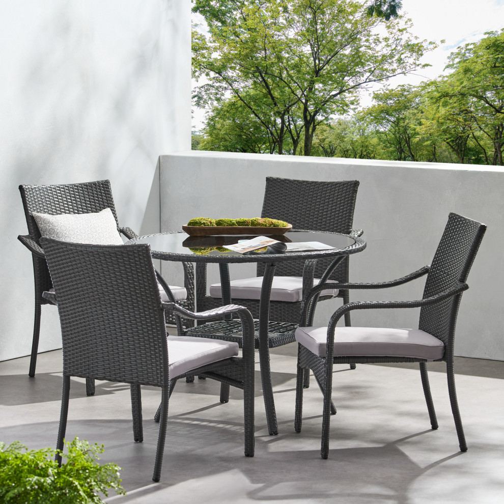 GDF Studio 5 Piece Kadelyn Outdoor Gray Wicker Dining Set   Tropical   Outdoor Dining Sets   by GDFStudio  Houzz