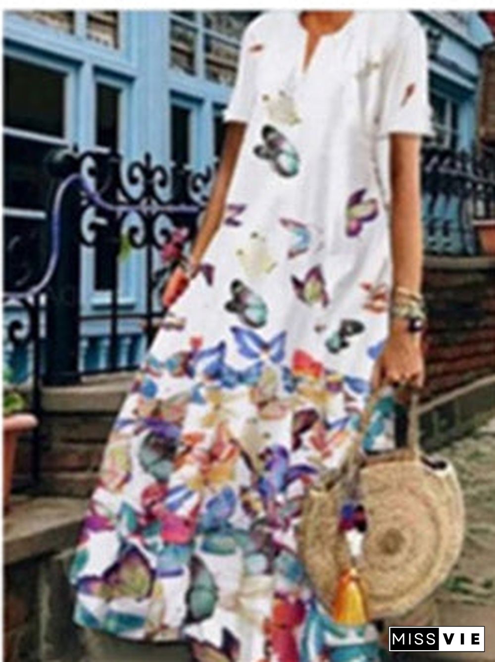 Women Short Sleeve Scoop Neck Floral Printed Dress