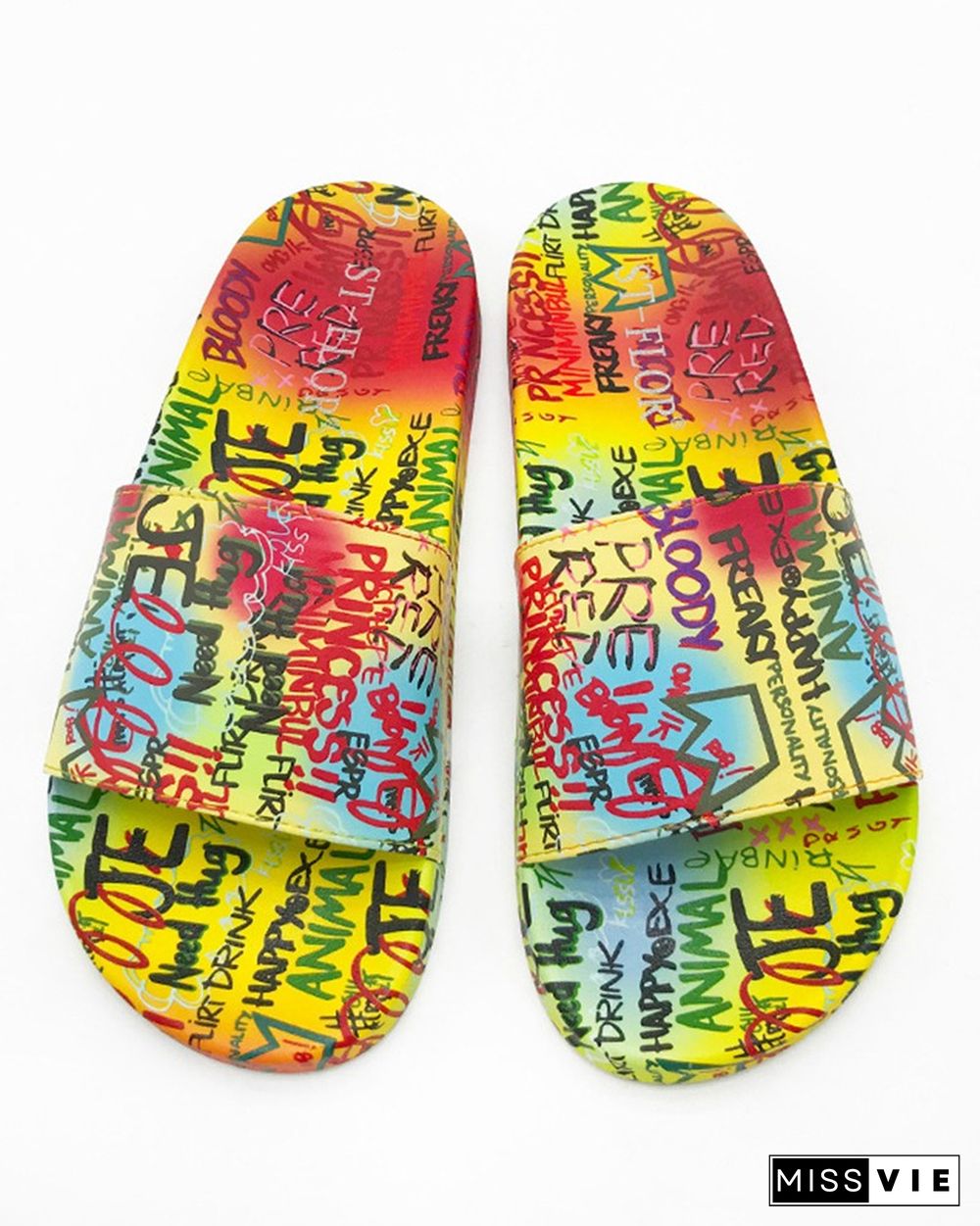 Round-toe Multicolor Letter Print Platform Slippers