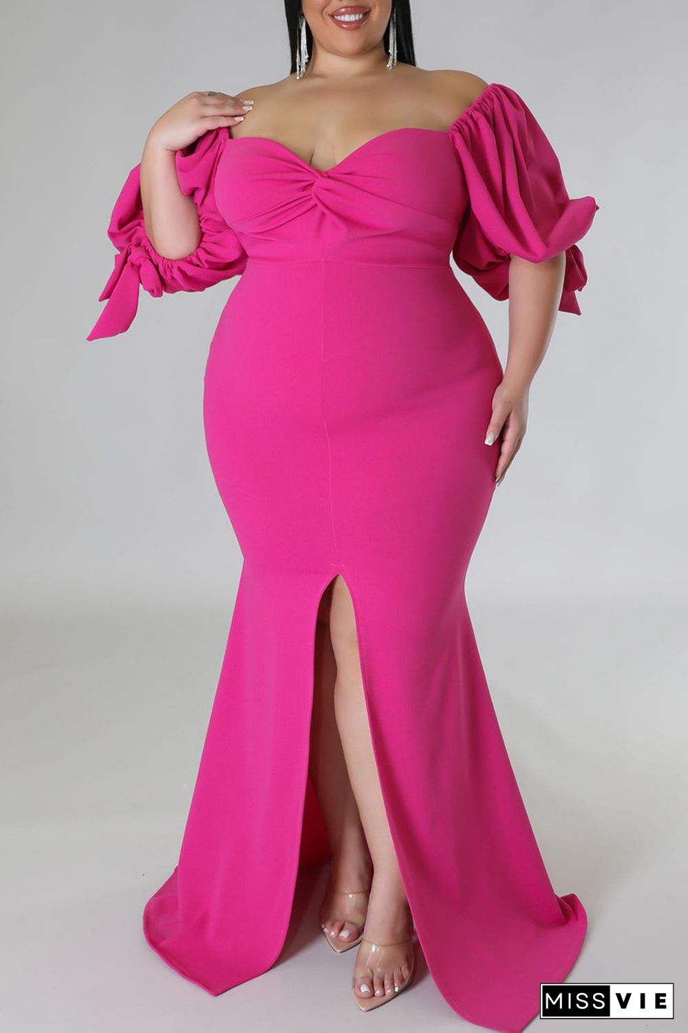 Rose Bow Tie Puff Sleeve Plus Size High Slit Maxi Dress