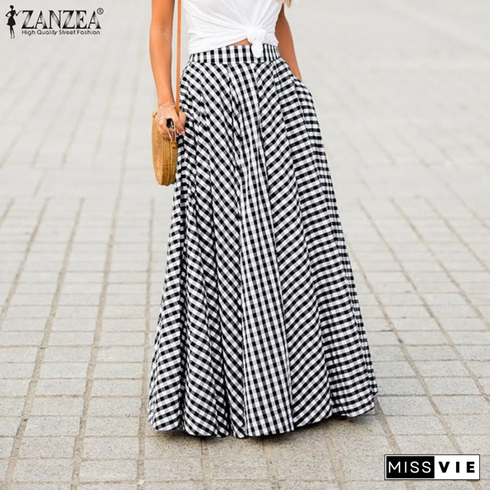 Zanzea Womens A-Line Plaid Summer Pockets Long Skirts Gonna Donna