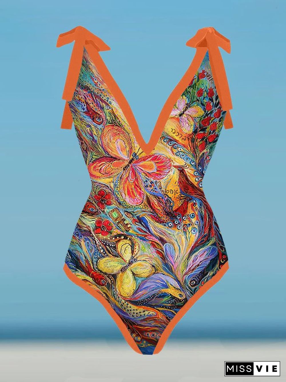 V-Neck Butterfly Art Print One-Piece Swimsuit Set