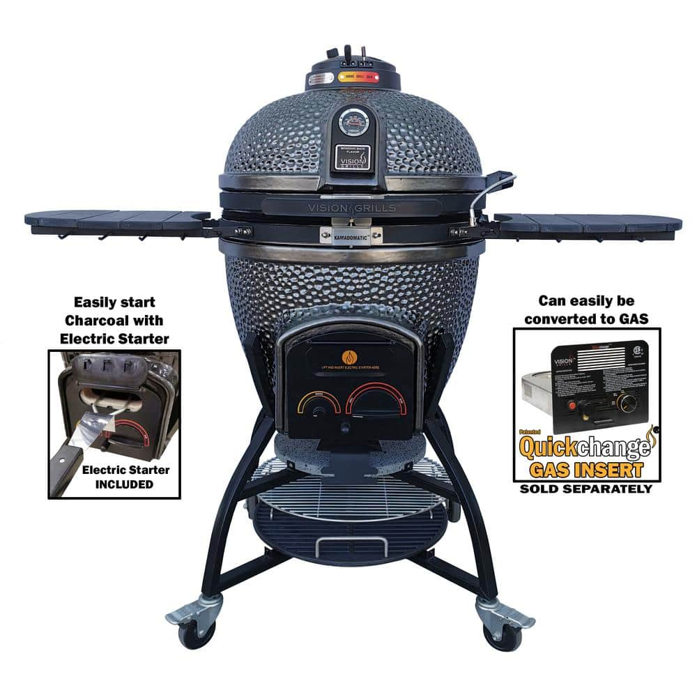 Vision Grills 22 in. Kamado XD402 Ceramic Charcoal Grill in Metallic Grey with Cover, Storage Cart, Shelves, Lava Stone, Ash Drawer XD-402MG