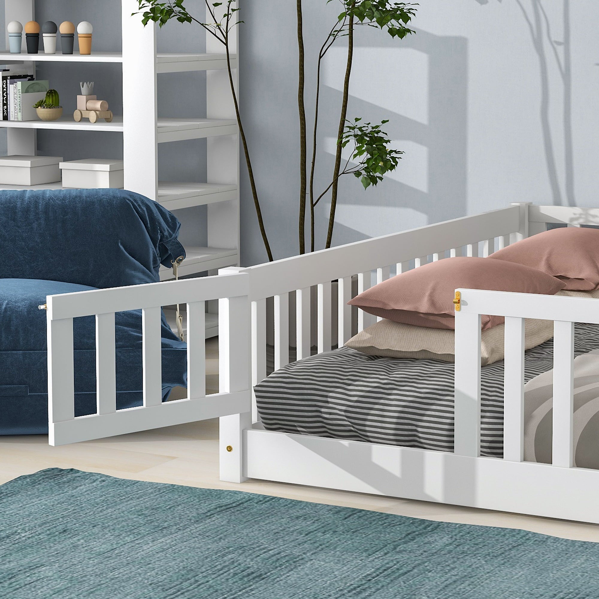 uhomepro Queen Size Wood Floor Bed Frame with Fence and Door for Kids, Toddlers, White