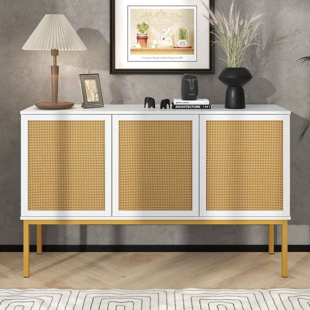 Large Storage Space Sideboard with Artificial Rattan Door and Rebound Device for Living Room   Entryway