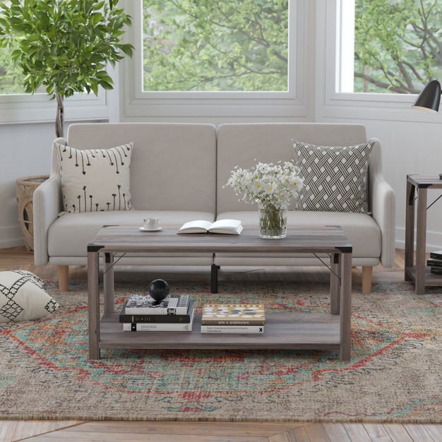 Flash Furniture Wyatt Modern Farmhouse Wooden 2 Tier Coffee Table With Metal Corner Accents And Cross Bracing