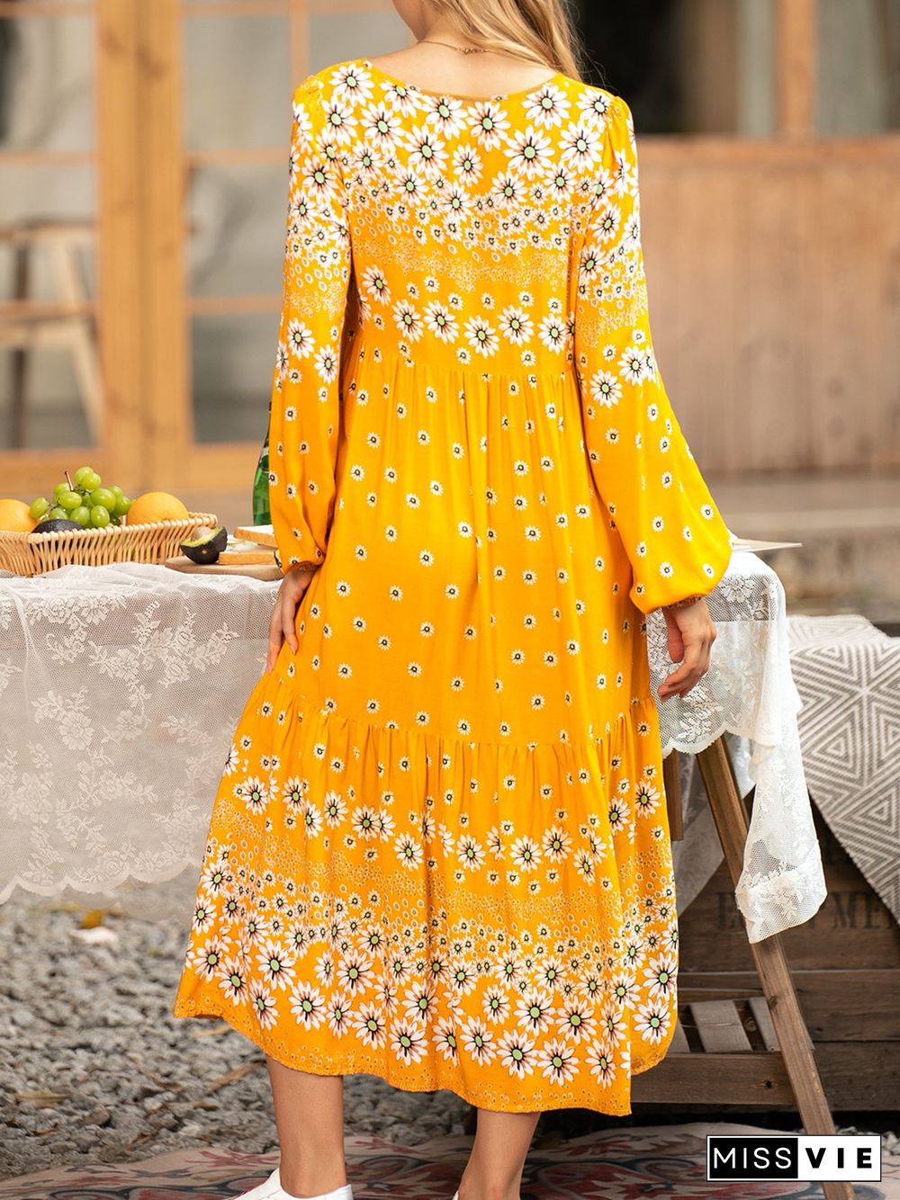 Floral Shift Long Sleeve Boho Weaving Dress