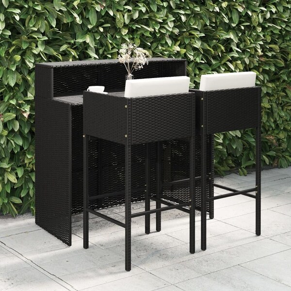 3 Piece Patio Bar Set with Cushions Poly Rattan Black - Overstock - 36041825