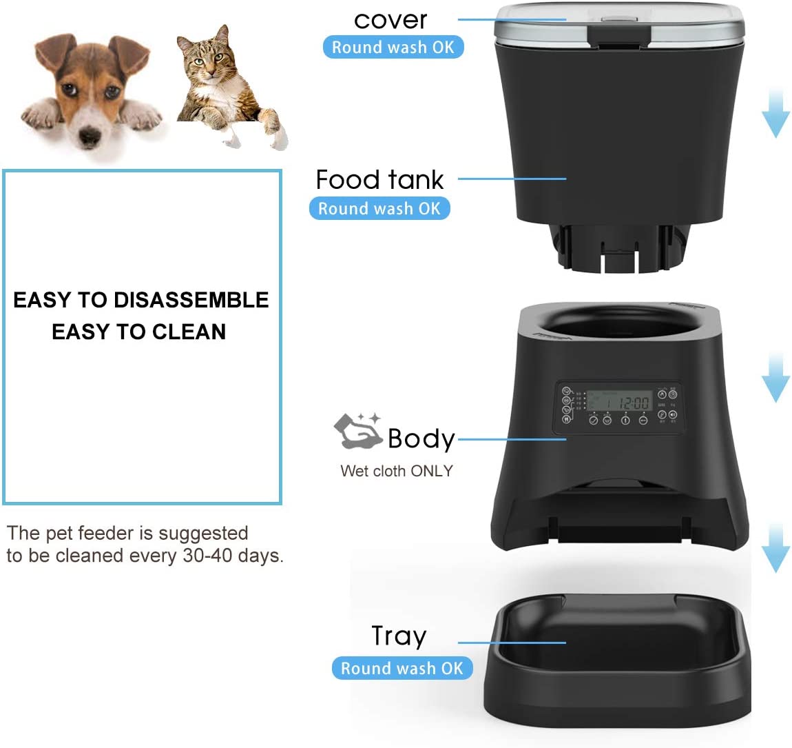 Iseebiz Pet Feeder Food Dispenser for Cats and Dogs Features Voice Recording， Timer Programmable， Portion Control， IR Detect， 4 Meals per Day for Small and Medium Pet