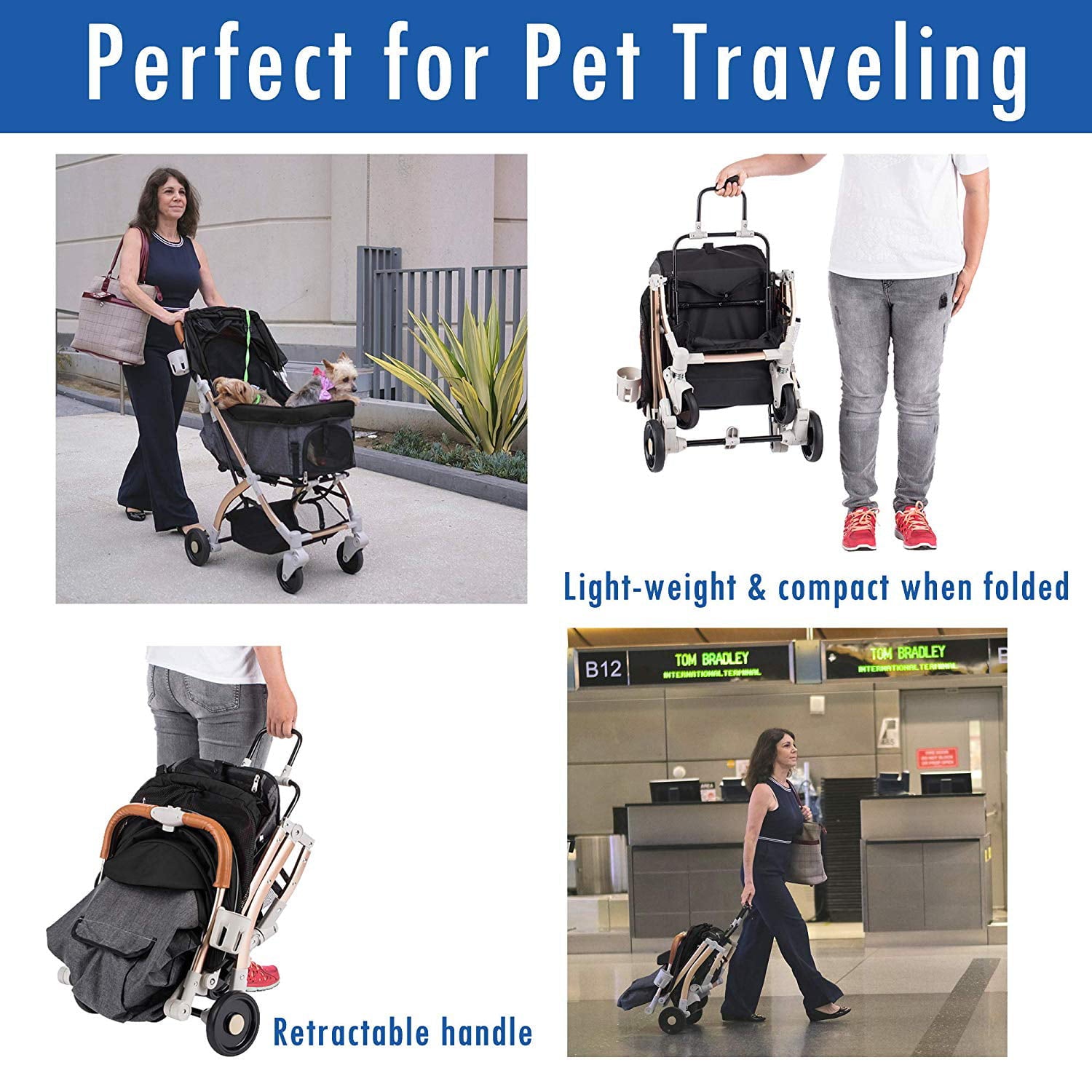 HPZ Rover Lite Travel Dog， Cat and Pet Stroller， Black