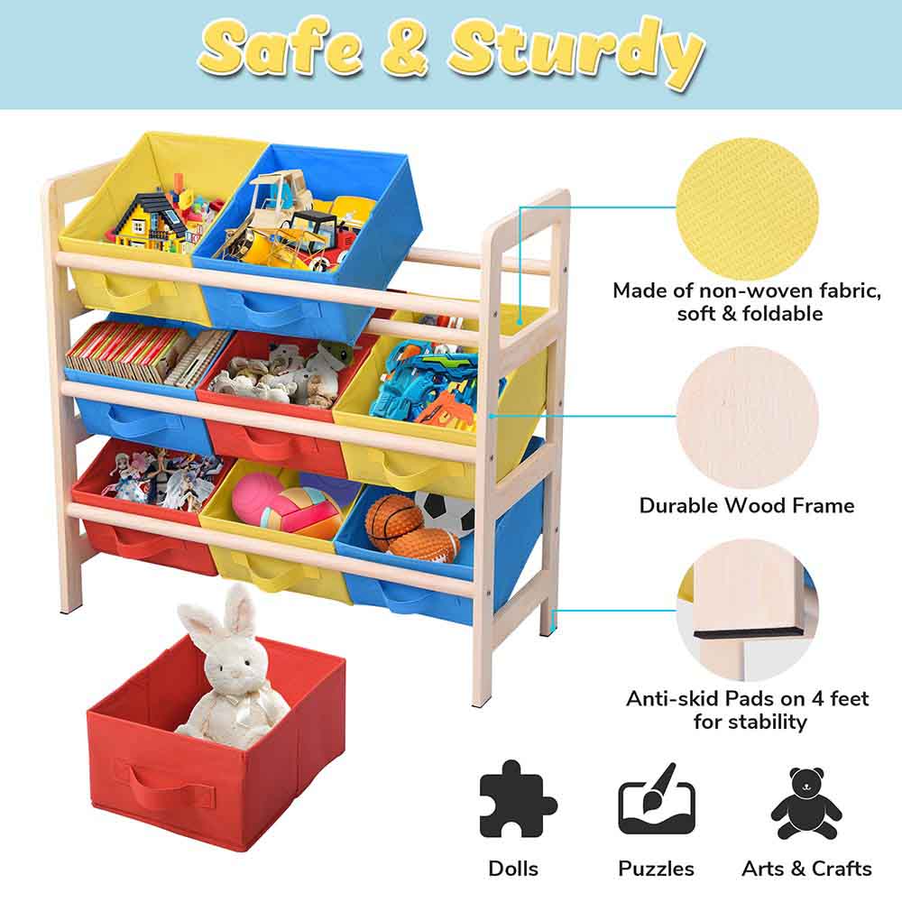 Yescom 3 Tires Kids Toys Color Organizer Wood Shelf 9-Bin Storage