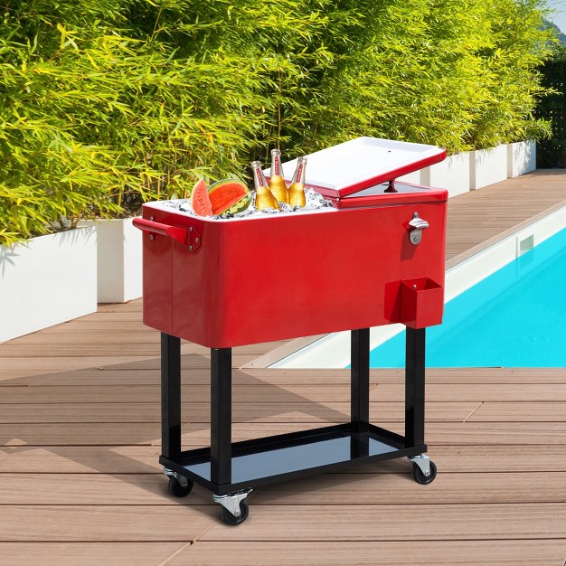 Outsunny 80 Qt Rolling Cooling Bins Ice Chest On Wheels Outdoor Stand Up Drink Cooler Cart For Party